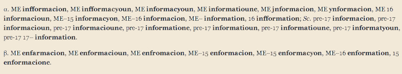 forms for "information" through the centuries.